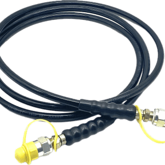 High pressure hydraulic hose with yellow caps.