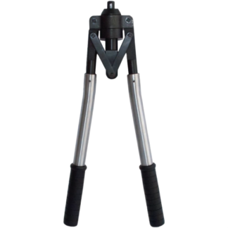 Hand rivet tool with black handles and metal arms.