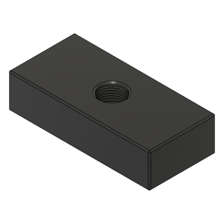 Rectangular metal nut with threaded hole.