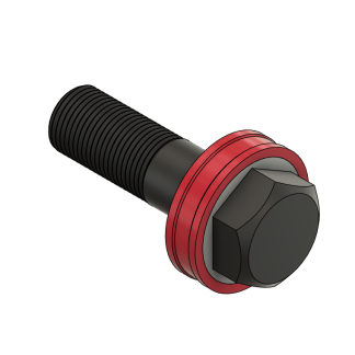 Hex bolt with red washer, angled view.